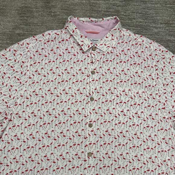 Tommy Bahama Shirt Mens 2XL White Pink Flamingo Print Short Sleeve Button Front - Picture 2 of 11